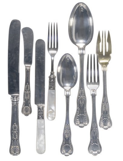 AN ASSEMBLED AMERICAN SILVER-PLATED PART FLATWARE SERVICE AND AN ASSEMBLED MOTHER-OF-PEARL-MOUNTED PART FLATWARE SERVICE,