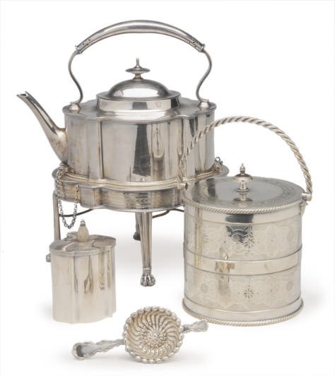 A GROUP OF SILVER-PLATED TEAWARES,**