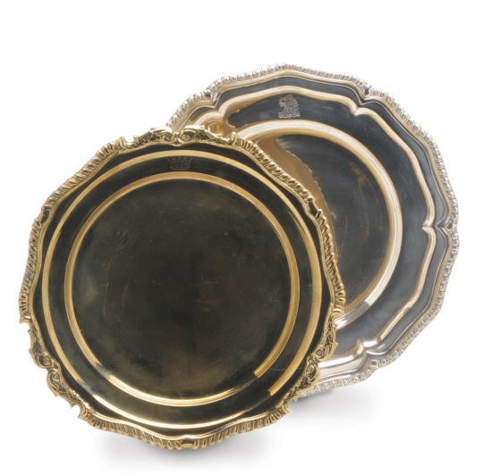 AN ASSEMBLED GROUP OF THIRTY-THREE SILVER-PLATED PLACE PLATES AND TEN SILVER-GILT PLATES DINNER PLATES,