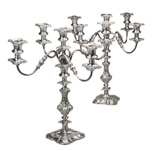 A PAIR OF SILVER-PLATED FIVE LIGHT CANDLEABRA,