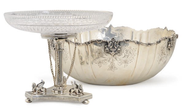 A SILVER-PLATED PUNCH BOWL AND A SILVER-PLATED COMPOTE WITH CUT GLASS LINER,