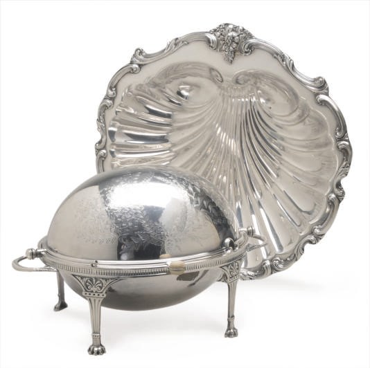 A PAIR OF SILVER-PLATED SHELL-FORM DISHES, TWO BUN WARMERS WITH HINGED COVERS, AND A SQUARE FOOTED TRAY,
