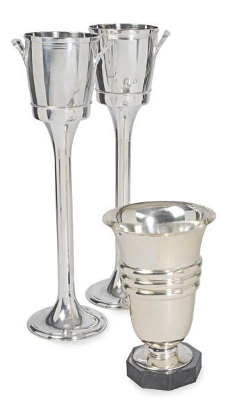 A PAIR OF GERMAN SILVER-PLATED WINE COOLER STANDS AND A PAIR OF SILVER-PLATED WINE COOLERS,