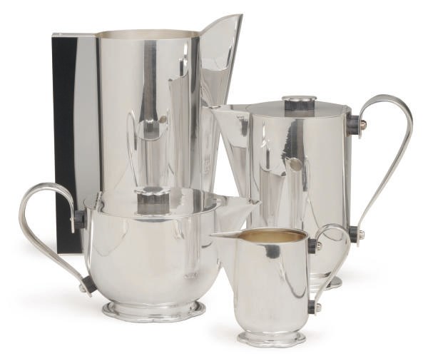 A GERMAN SILVER-PLATED FOUR-PIECE TEA AND COFFEE SERVICE AND AN ITALIAN SILVER WATER PITCHER,