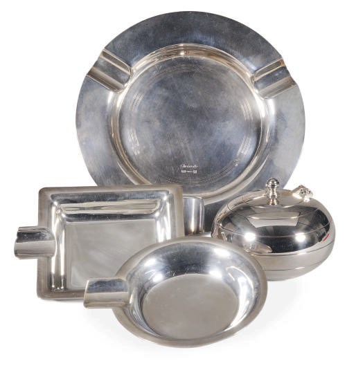 A GROUP OF ITALIAN SILVER VIDE POCHES DISHES AND FRENCH SILVER-PLATED BOWLS AND VIDE POCHES,