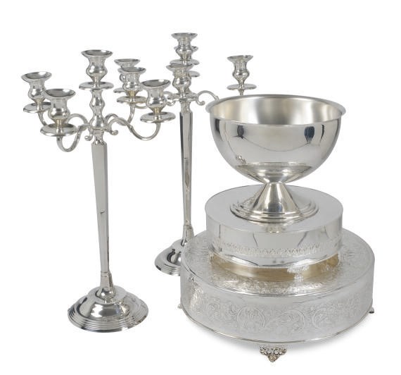 TWO SILVER-PLATED FIVE-LIGHT CANDELABRA, A PUNCH BOWL, AND TWO PLATEAUS,