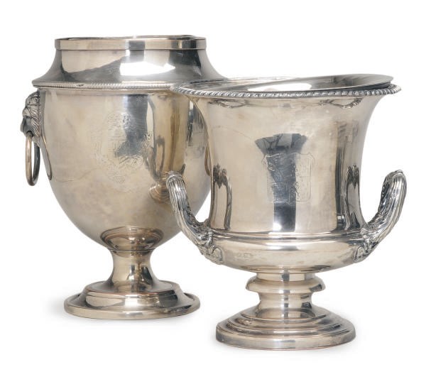 A PAIR OF SHEFFIELD-PLATED WINE COOLERS AND LINERS AND TWO SIMILAR COOLERS, LINERS AND COLLARS,