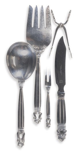 A GROUP OF NINETEEN DANISH SILVER SERVING PIECES IN THE 'ACORN' AND 'ACANTHUS' PATTERN,