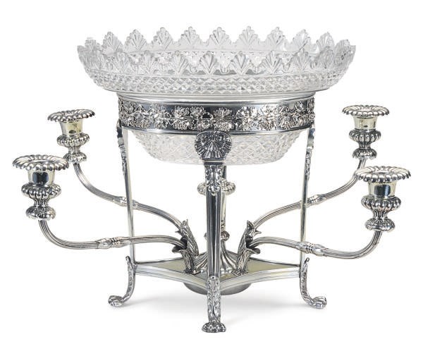 A SILVER-PLATED FOUR LIGHT CENTERPIECE WITH A CUT GLASS BOWL,