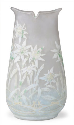 A FRENCH VITRIFIED GLASS VASE ENAMELED WITH EDELWEISS,