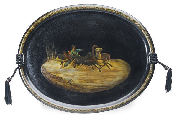 A RUSSIAN LACQUERED AND PAINTED METAL OVAL TRAY,