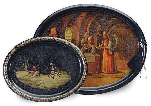 TWO RUSSIAN LACQUER AND PAINTED METAL OVAL TRAYS IN TWO SIZES,