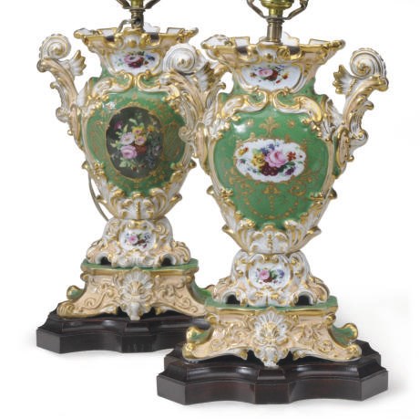 A PAIR OF FRENCH PORCELAIN GREEN-GROUND VASES-ON-STANDS MOUNTED AS LAMPS,