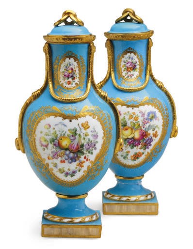 A PAIR OF ENGLISH TURQUOISE GROUND VASES AND COVERS AND A PAIR OF SÈVRES-STYLE CACHE POT,