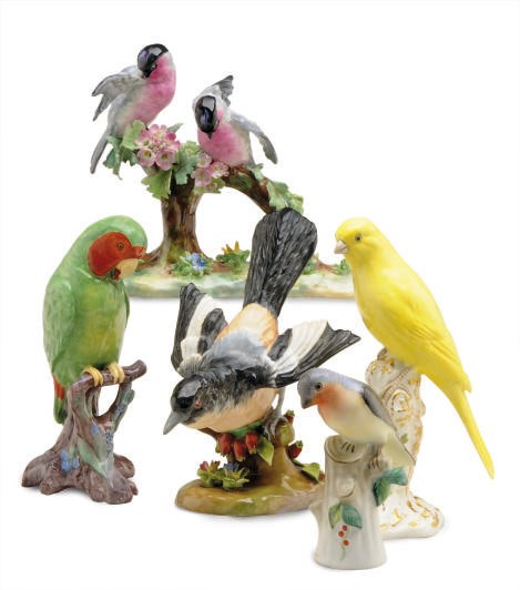 A GROUP OF SEVEN ENGLISH PORCELAIN AND THREE CONTINENTAL PORCELAIN MODELS OF BIRDS,
