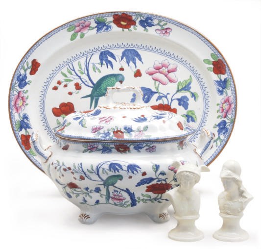 AN ENGLISH SILICON CHINA TRANSFER PRINTED AND ENRICHED TUREEN, COVER AND A PLATTER AND TWO QUEENSWARE MINIATURE BUSTS OF MERCURY AND ATHENA,