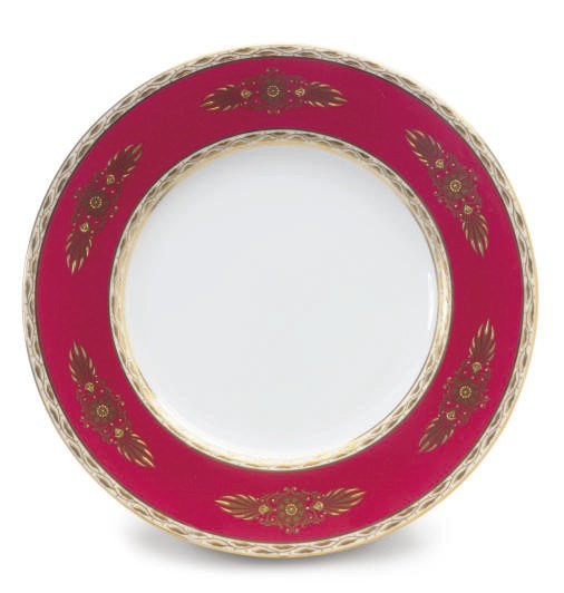 A SET OF TWELVE ENGLISH GILT BURGUNDY-GROUND PORCELAIN PLATES,