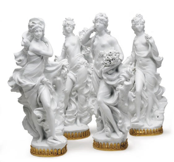 A SET OF GILT METAL-MOUNTED ENGLISH PORCELAIN FIGURES OF THE FOUR SEASONS,