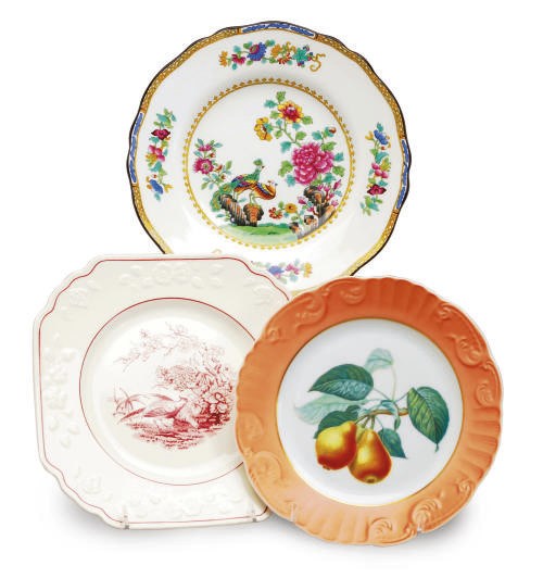 TWO ENGLISH PORCELAIN SETS OF DESSERT PLATES AND A PORTUGESE PORCELAIN SET OF DESSERT PLATES,
