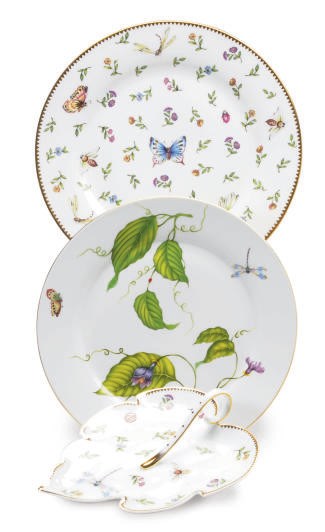 TWELVE HUNGARIAN GILT WHITE CHARGERS AND AN ASSEMBLED LIMOGES PORCELAIN DINNER SERVICE DECORATED BUTTERFLIES, INSECTS AND FLOWERS,