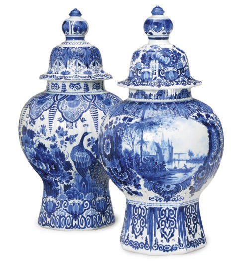 TWO DUTCH DELFT-STYLE BALUSTER VASES AND COVERS,