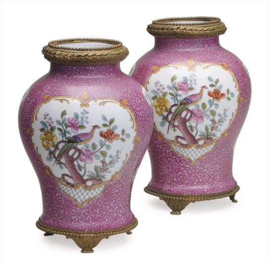 A PAIR OF GILT-METAL MOUNTED PORCELAIN PINK-GROUND VASES,