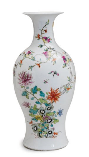 A CHINESE PORCELAIN VASE ENAMELED WITH FLOWERING BRANCH AND SCHOLAR'S ROCK,