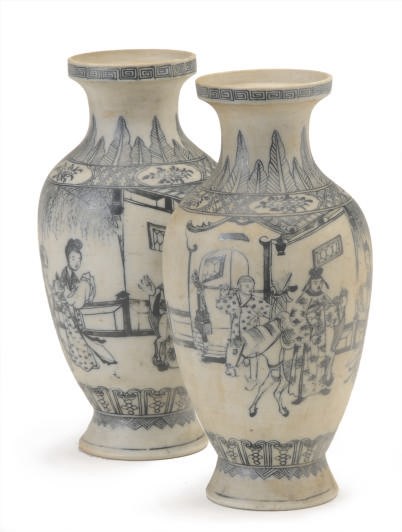 A PAIR OF CHINESE BISCUIT PORCELAIN COBALT DECORATED VASES,