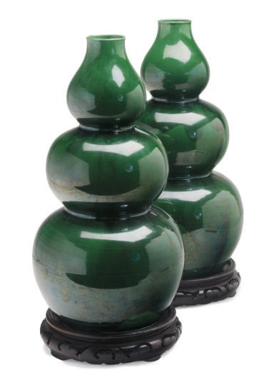 A PAIR OF CHINESE GREEN GLAZED TRIPLE-GOURD FORM VASES,