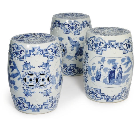 A PAIR OF CHINESE BLUE AND WHITE PORCELAIN GARDEN SEATS AND A SIMILAR GARDEN SEAT,