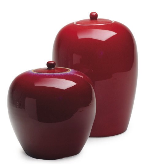 TWO PAIRS OF CHINESE PORCELAIN COPPER RED GLAZED GINGER JARS AND COVERS,