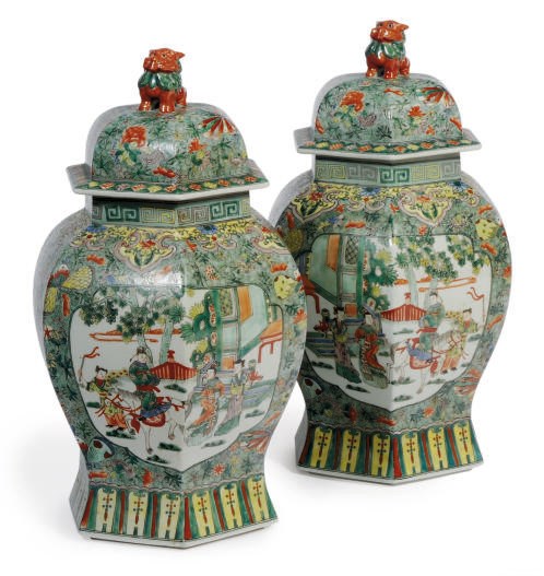 A PAIR OF CHINESE PORCELAIN HEXAGONAL JARS AND COVERS,