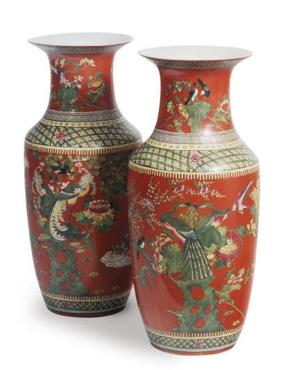 A PAIR OF LARGE CHINESE PORCELAIN RED-GROUND BALUSTER VASES PAINTED WITH PHEONIX,
