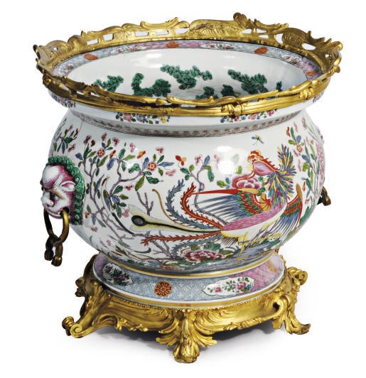A GILT-METAL MOUNTED CHINESE-STYLE FAMILLE ROSE PORCELAIN FISH BOWL,