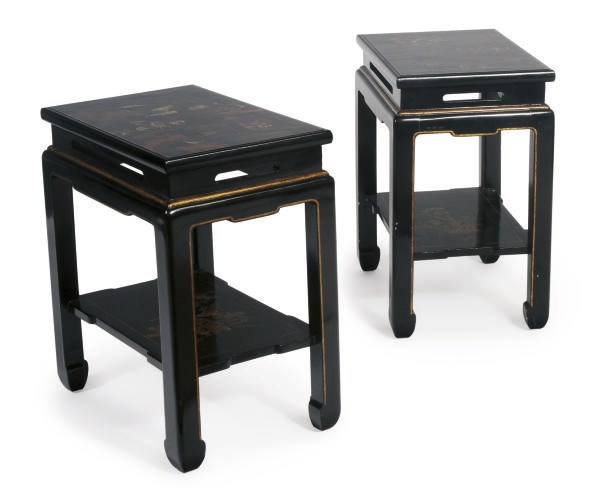 A PAIR OF CHINESE STYLE BLACK AND GOLD LACQUER SIDE TABLES,