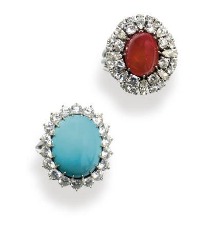A GROUP OF TURQUOISE, RUBY, DIAMOND AND PLATINUM JEWELRY
