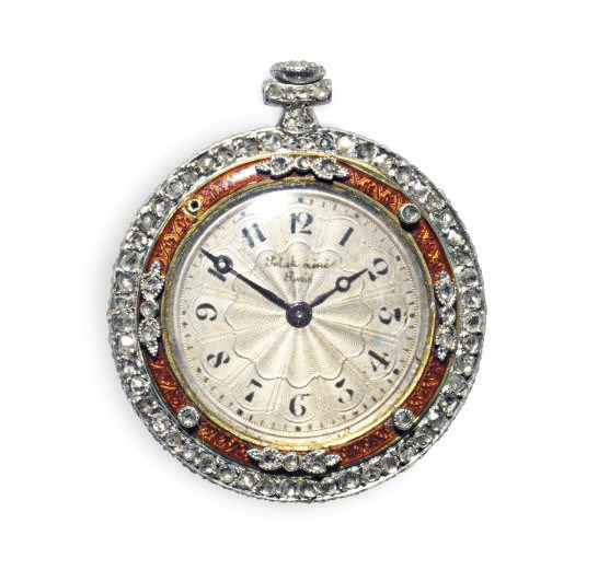A DIAMOND, ENAMEL, GOLD AND PLATINUM PENDANT POCKET WATCH
