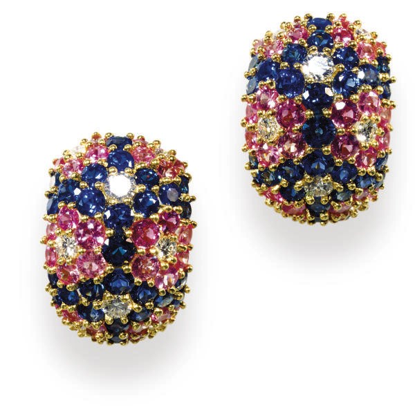 A PAIR OF MULTI-COLORED SAPPHIRE, DIAMOND AND 18K GOLD EAR CLIPS