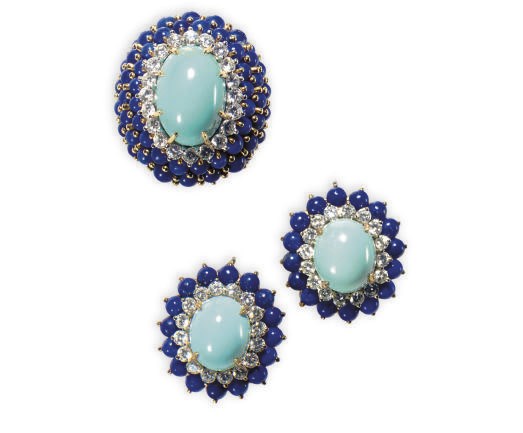 A SET OF TURQUOISE, LAPIS LAZULI, DIAMOND AND GOLD JEWELRY