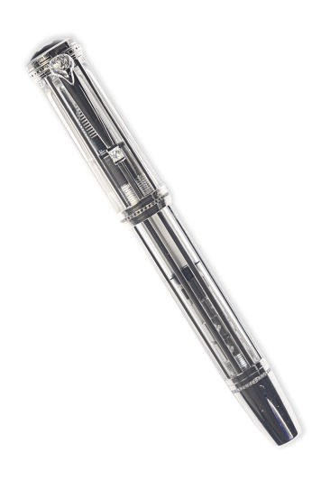 A DIAMOND AND SAPPHIRE-INSET 18K WHITE GOLD AND RESIN 'WHITE HOUSE' SKELETON FOUNTAIN PEN, BY MONTBLANC,