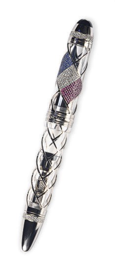 A WHITE GOLD, RESIN, DIAMONDS, RUBIES, AND SAPPHIRES 'SKELETON TRICOLORE DIAMOND FLAG' PISTON FOUNTAIN PEN, BY MONTBLANC
