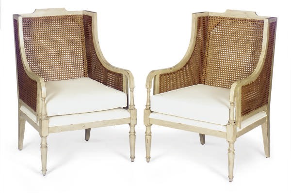 A PAIR OF PAINTED AND DOUBLE-CANED ARMCHAIRS,
