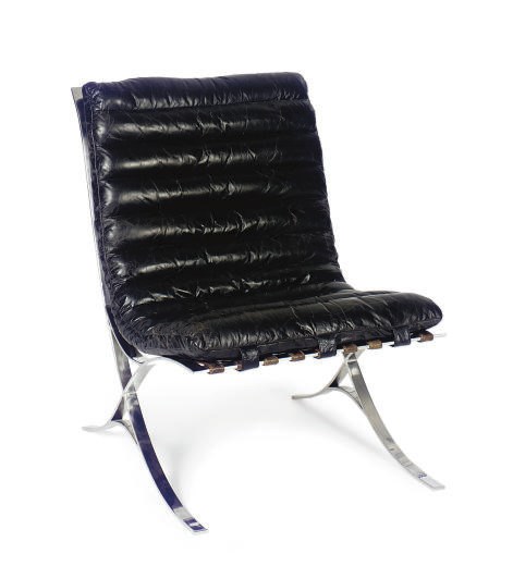 A STAINLESS STEEL AND LEATHER LOUNGE CHAIR,