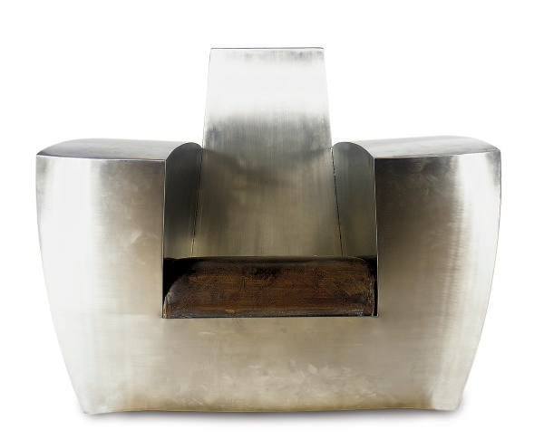 AN AGED STEEL AND LEATHER 'EASY 1' CHAIR,