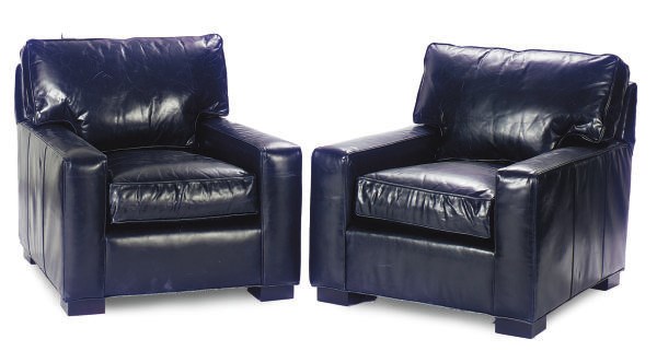A PAIR OF BLUE LEATHER UPHOLSTERED CLUB CHAIRS,