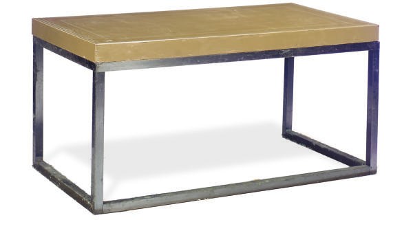 A BROWN LACQUER AND STEEL LIBRARY TABLE,