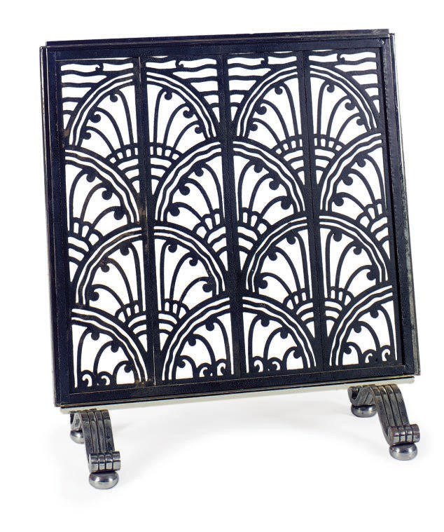 AN ART DECO IRON AND CHROMED-METAL FIRE SCREEN,