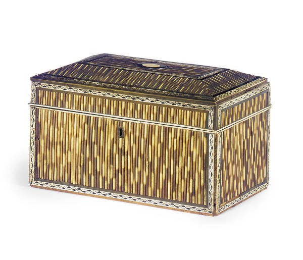 AN ANGLO-INDIAN QUILLWORK AND IVORY TEA CADDY**,