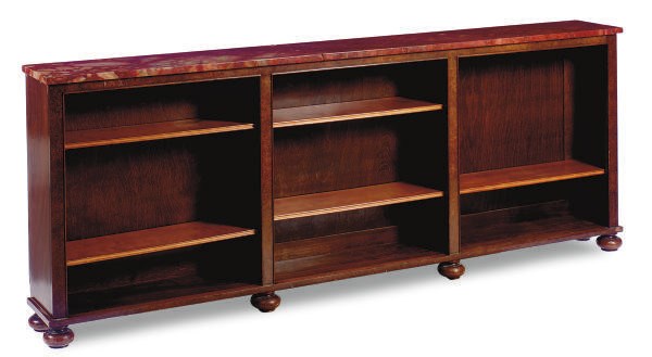 A WALNUT, BURL WALNUT AND MARBLE-TOP OPEN BOOKCASE,