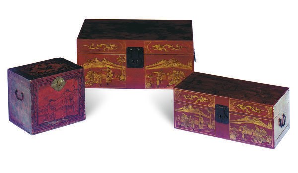TWO SCARLET AND GILT-DECORATED BOXES,